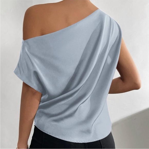 Light Blue Satin Draped Asymmetrical Blouse Top - Picture 3 of 9